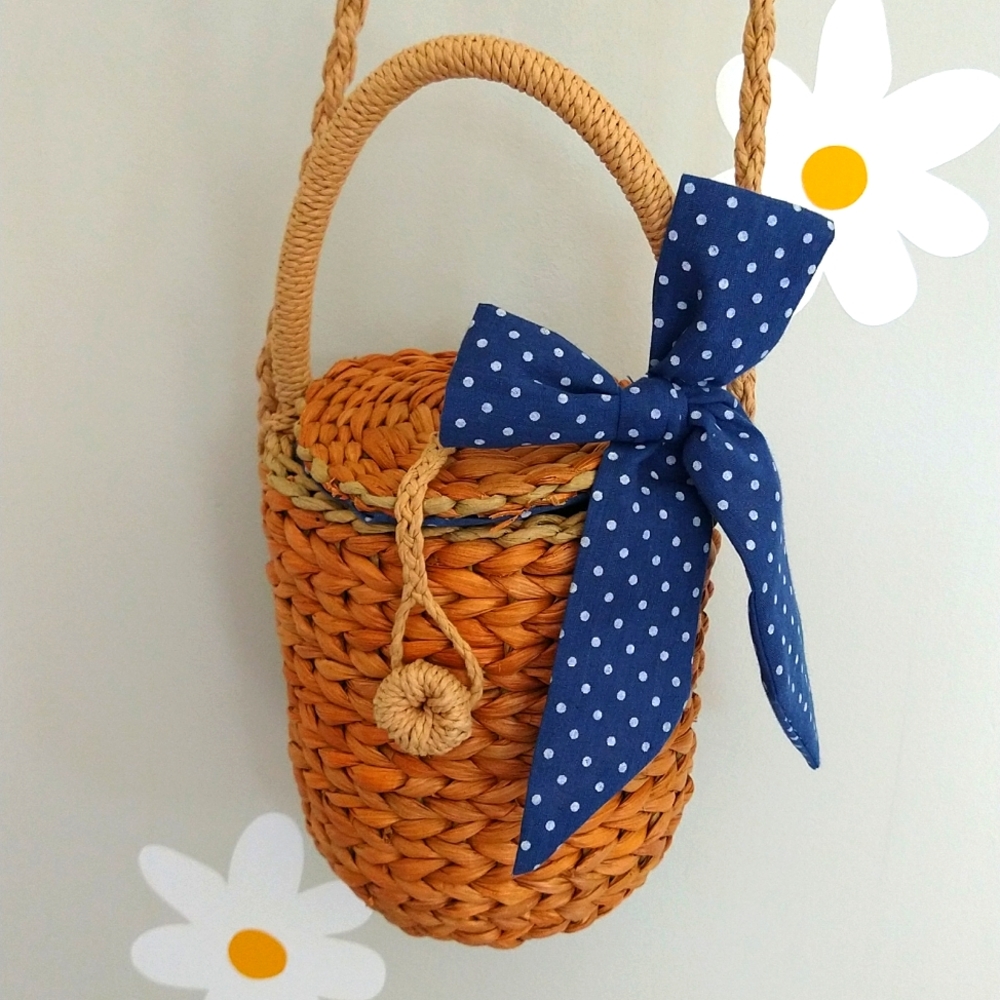 NWOT Most Wanted USA Crossbody Basket Purse With Blue & White Polka Dot Bow